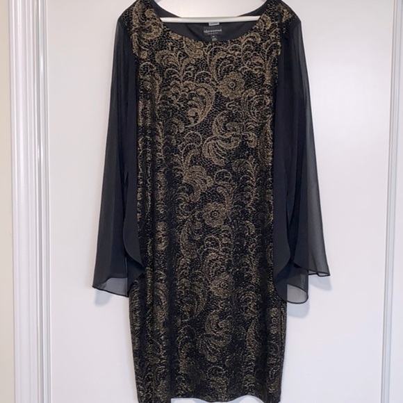 black gold scalloped floral lace sheer sleeve tunic  shift dress - Picture 1 of 8